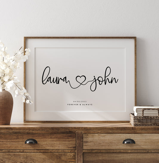 Personalised Couples Name Print, Two Name Couples Print, Paper Anniversary Gift