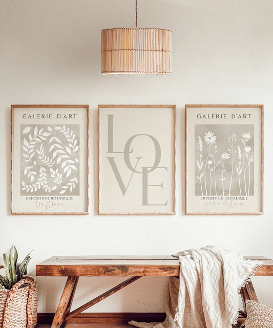 Set of 3 Beige Wall Prints, Botanical Wall Art, Home Decor