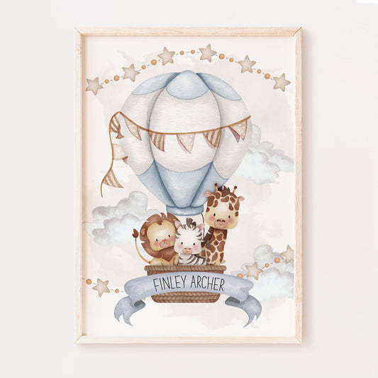 Hot Air Balloon Nursery Print, Personalised Nursery Print, Baby Boy Personalised Print