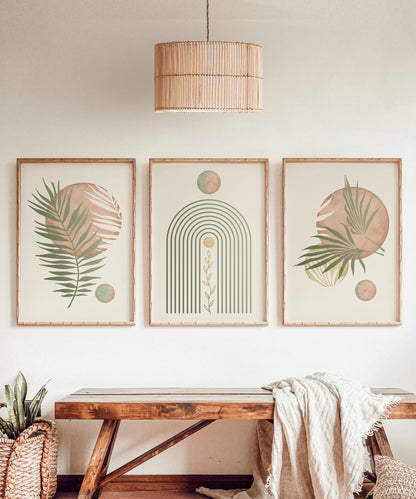 Set of 3 Palm Leaf Art Prints, Sage Green and Blush Pink Wall Art, Boho Poster Set of 3