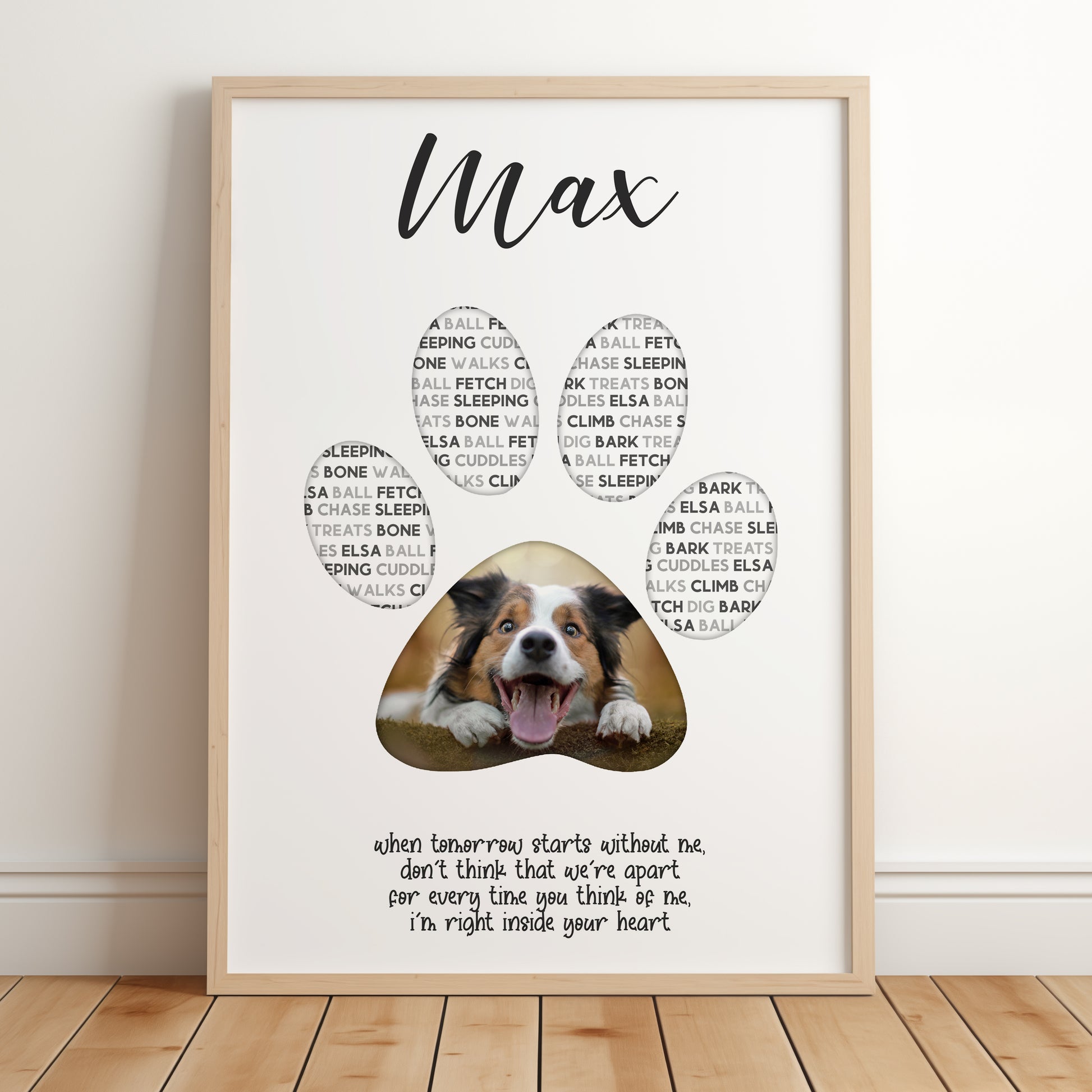 A loving pet bereavement keepsake illustrating an image of a pet inside a paw print with the paws filled with fun words of your pets favourite things, with a personalised quote written below in a cute and fun font