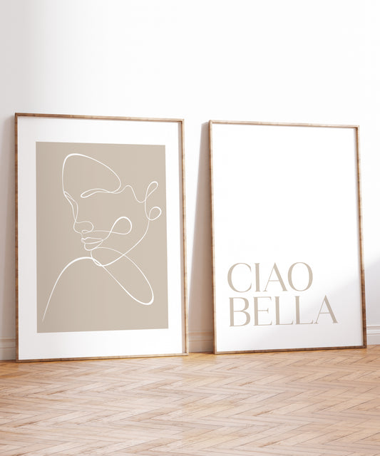 A set of 2 prints designed for a bedroom. Featuring an elegant line drawing of a woman's face in white and a beige coloured background and the other print on a white background with the text saying 'Ciao Bella' in a beige coloured font centred at the bottom of the page.