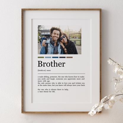 A fun print featuring your image of you and your brother with a heart warming definition describing what they mean to you, written in the style of a dictionary description.