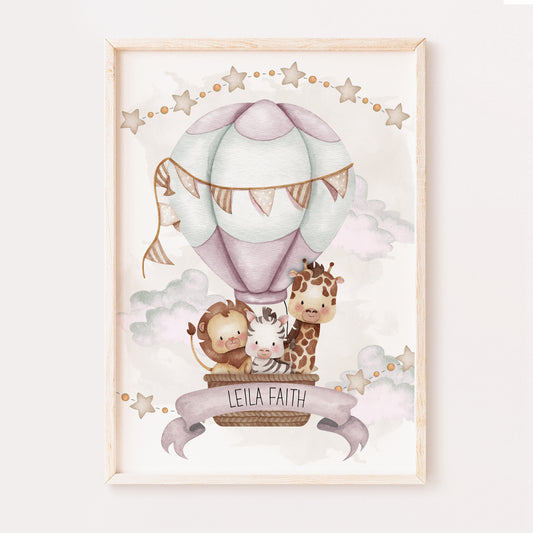 Hot Air Balloon Girls Nursery Print, Personalised Girls Nursery Print