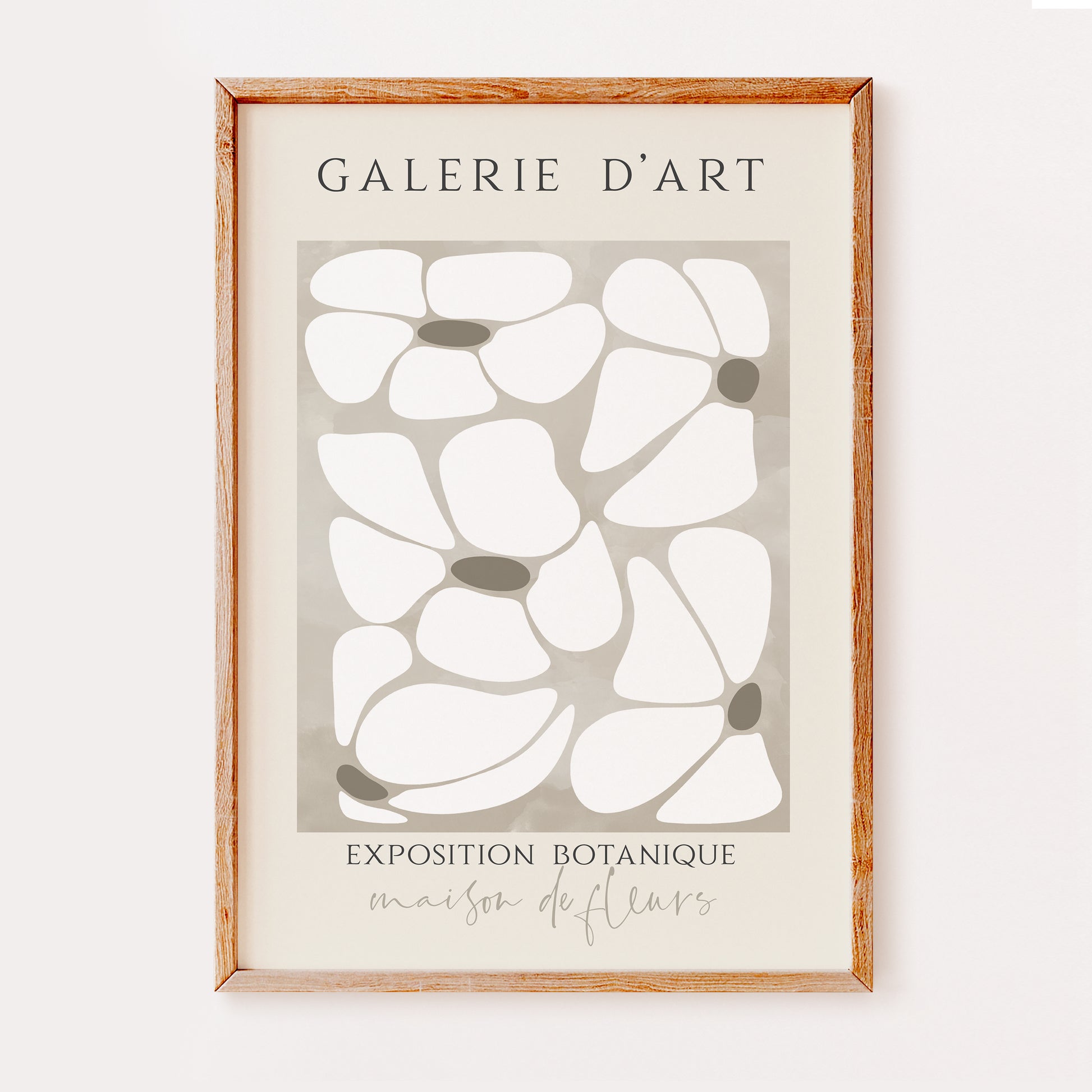 A boho print illustrating a bunch of petals in beige colours in an abstract style. Written above are the words 'galerie d'art' and written below are the words 'exposition botanique' and 'maison de fleurs', which gives this print a French feel.