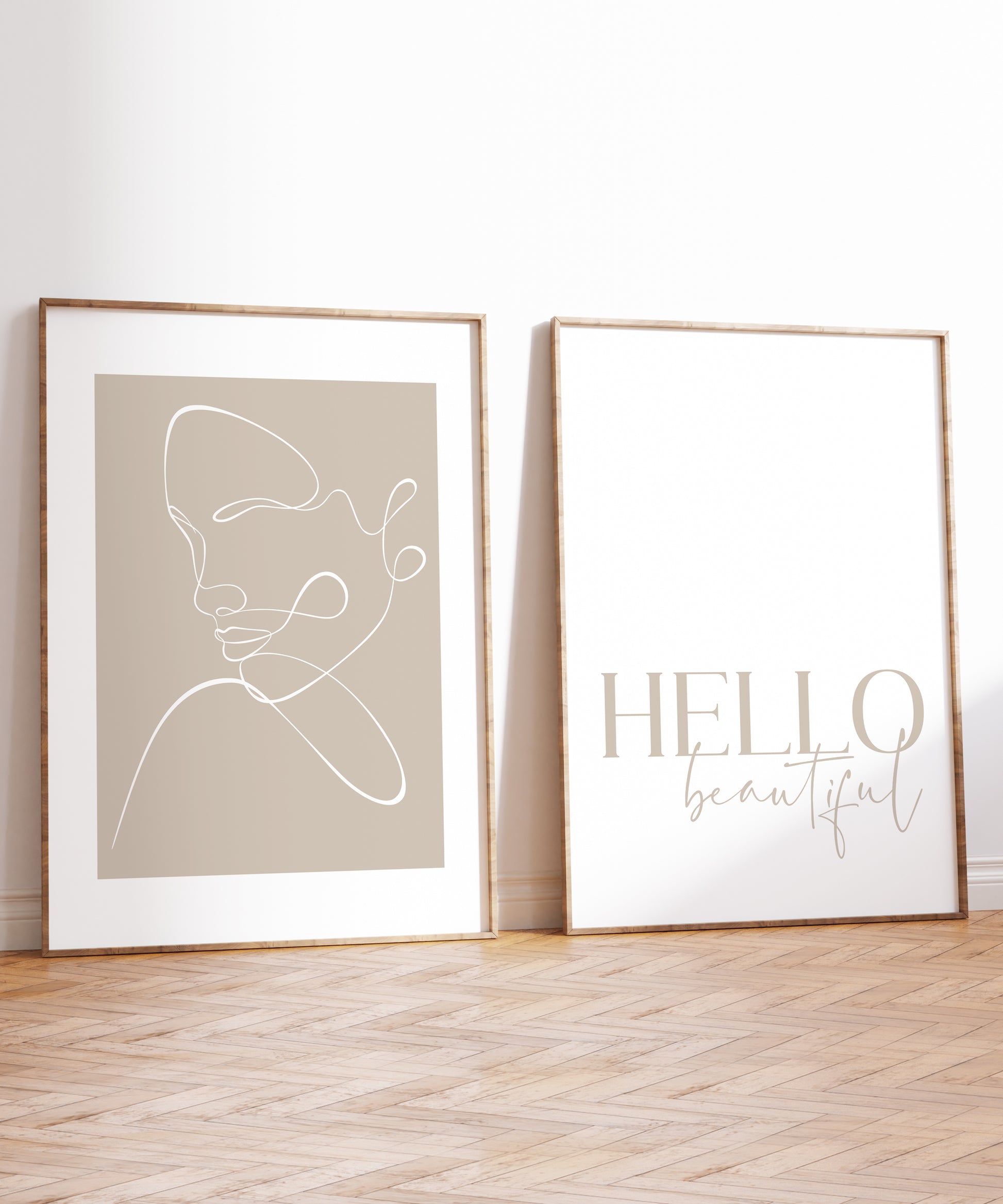 A set of 2 prints designed for a bedroom. Featuring an elegant line drawing of a woman's face in white and a beige coloured background and the other print on a white background with the text saying 'Hello Beautiful' in a beige coloured font centred at the bottom of the page.