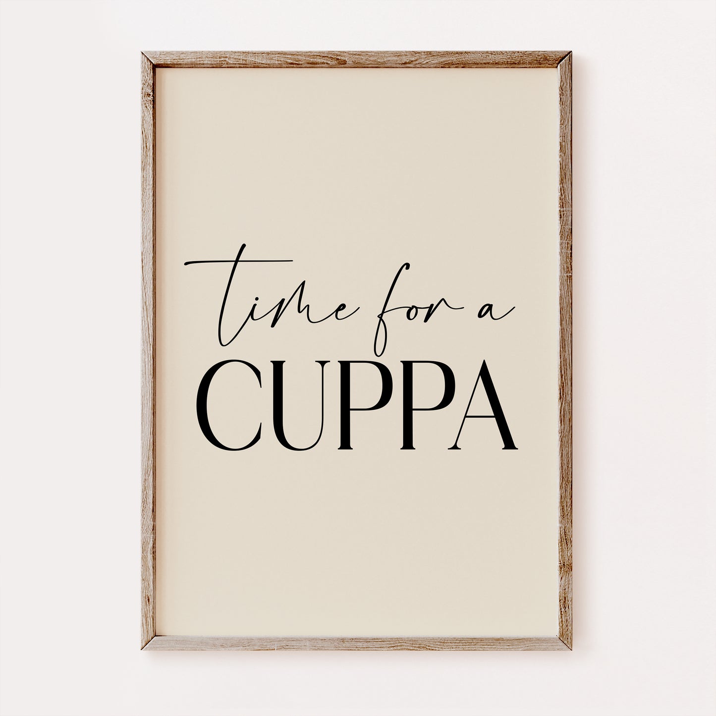 Framed print with 'Time for a Cuppa' text on a beige background