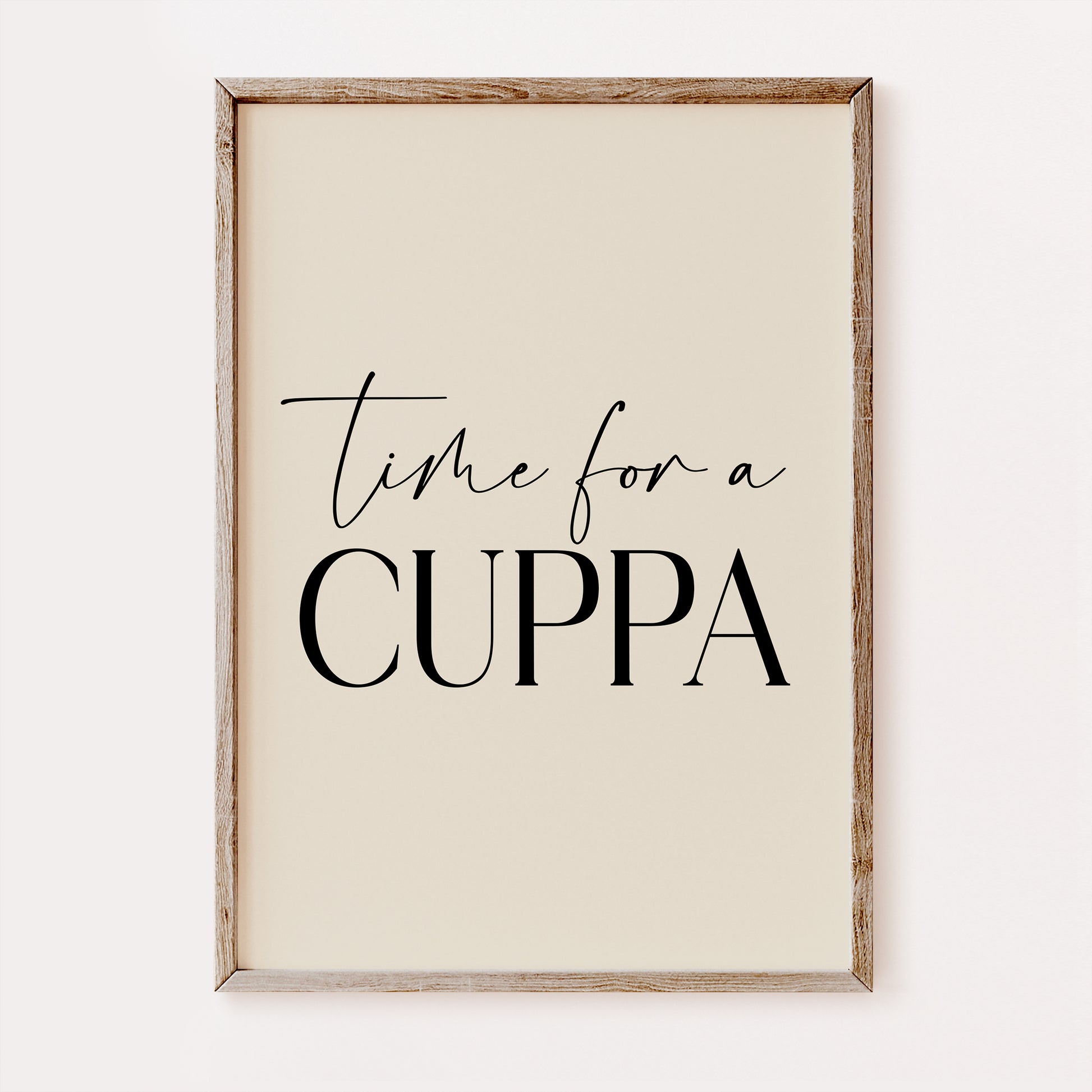 Framed print with 'Time for a Cuppa' text on a beige background