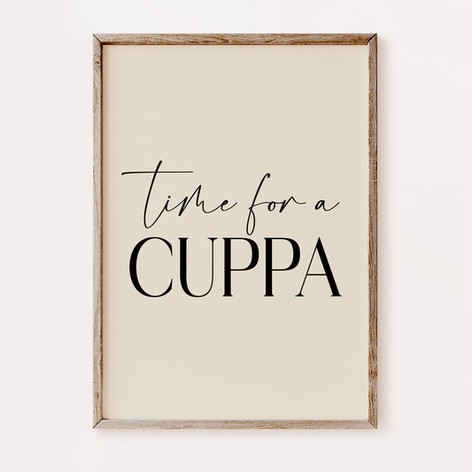 Framed print with 'Time for a Cuppa' text on a beige background