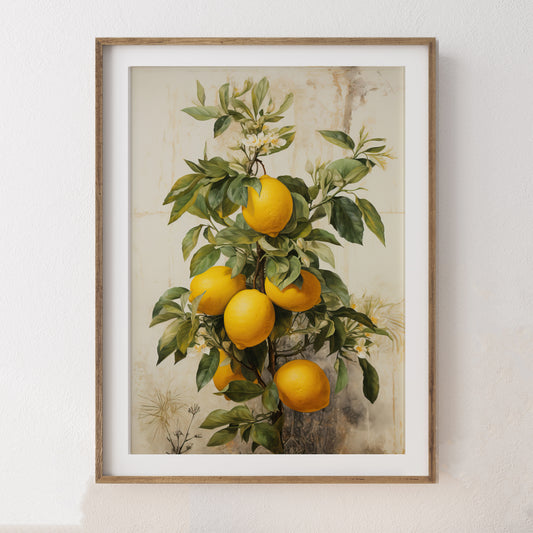 Artwork of lemons and leaves on a white shabby background